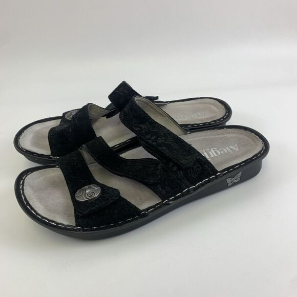 Alegria Strappy Slide Sandal Black Nubuck Embossed Slip On Womens 40 9.5 - 10 - Picture 4 of 15